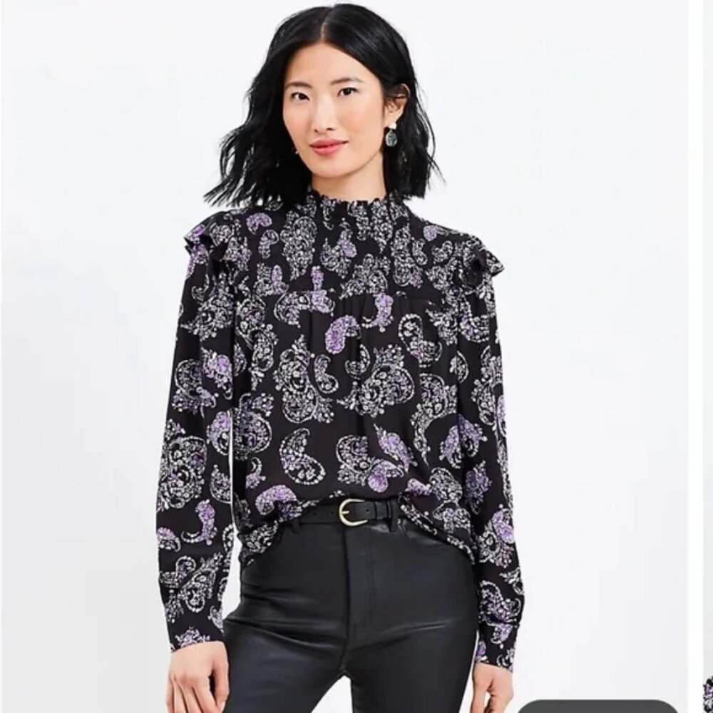 Loft Size M Black with Purple PaisleySmocked Ruffle Mock Neck Blouse